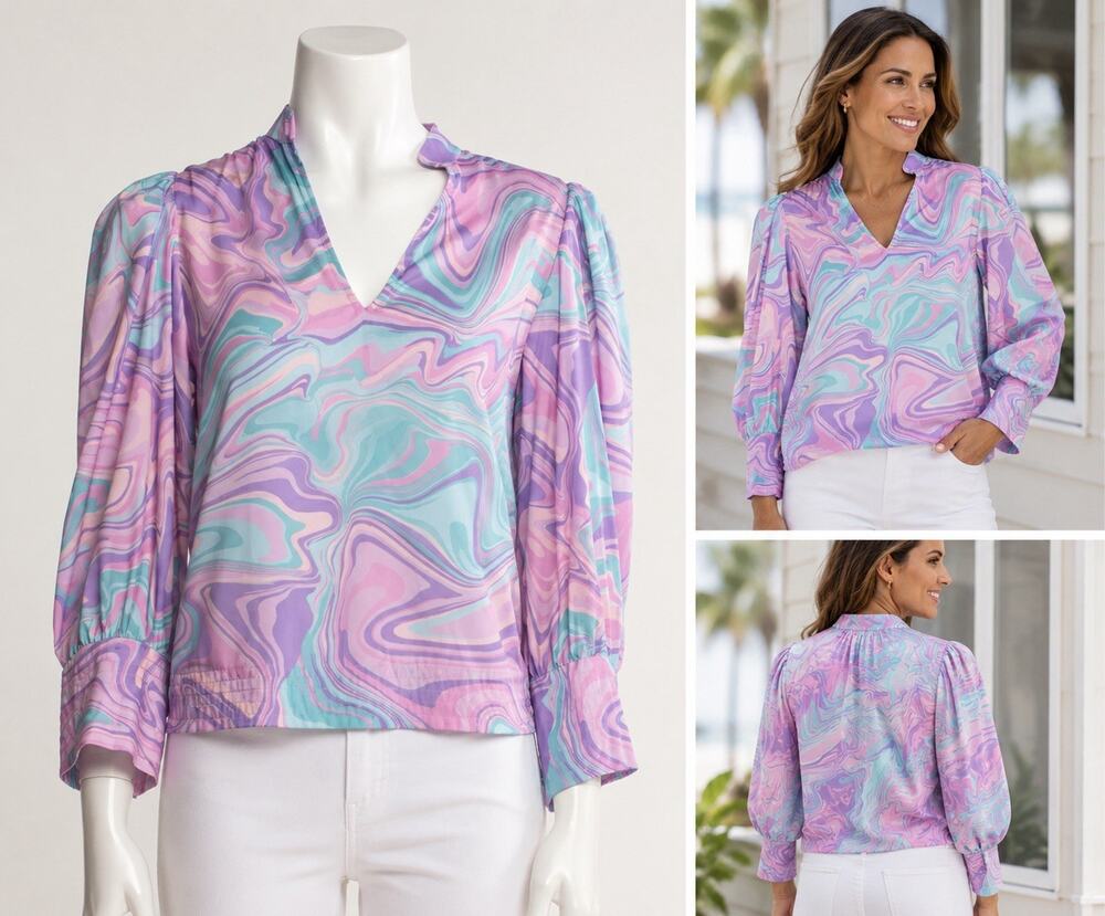 Emily McCarthy Women Purple 3/4 Sleeve Marble Hampton Top Blouse Small
